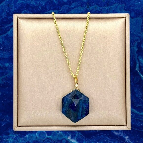 NWT Lapis Lazuli Hexagon Pendant Necklace 14K Gold Plated Genuine 18” - Picture 1 of 11